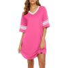 Ekouaer Womens Nightgown Cotton Sleepwear Short Sleeve Sleep Shirt V Neck Color Block Nightshirt(A_hot Pink)