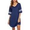 Ekouaer Womens Nightgown Cotton Sleepwear Short Sleeve Sleep Shirt V Neck Color Block Nightshirt(A_navy)