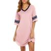 Ekouaer Womens Nightgown Cotton Sleepwear Short Sleeve Sleep Shirt V Neck Color Block Nightshirt(A_pink)