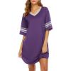 Ekouaer Womens Nightgown Cotton Sleepwear Short Sleeve Sleep Shirt V Neck Color Block Nightshirt(A_purple)