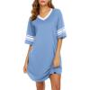 Ekouaer Womens Nightgown Cotton Sleepwear Short Sleeve Sleep Shirt V Neck Color Block Nightshirt(A_sky Blue)