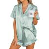Ekouaer Womens Satin Pajamas Set Button Down 2 Piece Silk Pjs Shorts Set Ruffle Lingerie Notch Collar Sleepwear(Striped Green)