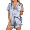 Ekouaer Womens Satin Pajamas Set Button Down 2 Piece Silk Pjs Shorts Set Ruffle Lingerie Notch Collar Sleepwear(Striped Grey Blue)