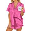 Ekouaer Womens Satin Pajamas Set Button Down 2 Piece Silk Pjs Shorts Set Ruffle Lingerie Notch Collar Sleepwear(Striped Hot Pink)