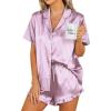 Ekouaer Womens Satin Pajamas Set Button Down 2 Piece Silk Pjs Shorts Set Ruffle Lingerie Notch Collar Sleepwear(Striped Purple)