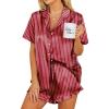 Ekouaer Womens Satin Pajamas Set Button Down 2 Piece Silk Pjs Shorts Set Ruffle Lingerie Notch Collar Sleepwear(Striped Wine Red)
