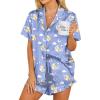 Ekouaer Womens Satin Pajamas Set Button Down 2 Piece Silk Pjs Shorts Set Ruffle Lingerie Notch Collar Sleepwear(Teddy Bear-blue)