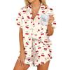Ekouaer Womens Satin Pajamas Set Button Down 2 Piece Silk Pjs Shorts Set Ruffle Lingerie Notch Collar Sleepwear(Teddy Bear-cherry)