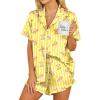 Ekouaer Womens Satin Pajamas Set Button Down 2 Piece Silk Pjs Shorts Set Ruffle Lingerie Notch Collar Sleepwear(Teddy Bear-striped Yellow)