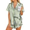 Ekouaer Womens Satin Pajamas Set Button Down 2 Piece Silk Pjs Shorts Set Ruffle Lingerie Notch Collar Sleepwear(Thick Striped Green)