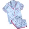 Ekouaer Womens Silk Satin Pajamas Short Sleeve PJS Shorts Set Soft Button Down Sleepwear 2 Piece Loungewear S-5XL(Blue Cherry Print)
