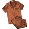 Ekouaer Womens Silk Satin Pajamas Short Sleeve PJS Shorts Set Soft Button Down Sleepwear 2 Piece Loungewear S-5XL(Caramel)