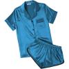 Ekouaer Womens Silk Satin Pajamas Short Sleeve PJS Shorts Set Soft Button Down Sleepwear 2 Piece Loungewear S-5XL(Dark Blue)