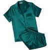 Ekouaer Womens Silk Satin Pajamas Short Sleeve PJS Shorts Set Soft Button Down Sleepwear 2 Piece Loungewear S-5XL(Dark Green)