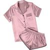 Ekouaer Womens Silk Satin Pajamas Short Sleeve PJS Shorts Set Soft Button Down Sleepwear 2 Piece Loungewear S-5XL(Dark Pink)