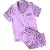 Ekouaer Womens Silk Satin Pajamas Short Sleeve PJS Shorts Set Soft Button Down Sleepwear 2 Piece Loungewear S-5XL(Lilac)