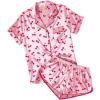 Ekouaer Womens Silk Satin Pajamas Short Sleeve PJS Shorts Set Soft Button Down Sleepwear 2 Piece Loungewear S-5XL(Pink Cherry Print)