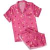 Ekouaer Womens Silk Satin Pajamas Short Sleeve PJS Shorts Set Soft Button Down Sleepwear 2 Piece Loungewear S-5XL(Rose Pink Teddy Bear)