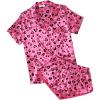 Ekouaer Womens Silk Satin Pajamas Short Sleeve PJS Shorts Set Soft Button Down Sleepwear 2 Piece Loungewear S-5XL(Rose Red Heart Leopard Print)