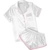 Ekouaer Womens Silk Satin Pajamas Short Sleeve PJS Shorts Set Soft Button Down Sleepwear 2 Piece Loungewear S-5XL(White With Pink Piping)