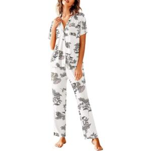 Avidlove Women Pajamas Set Notch Collar Soft Sleepwear Pjs Short Sleeve Button Down Nightwear with Long Pants(Maple Flower Pat23)
