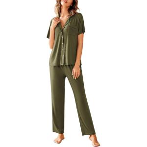 Avidlove Women Pajamas Set Notch Collar Soft Sleepwear Pjs Short Sleeve Button Down Nightwear with Long Pants(N-army Green)