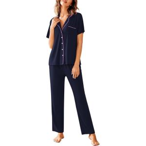 Avidlove Women Pajamas Set Notch Collar Soft Sleepwear Pjs Short Sleeve Button Down Nightwear with Long Pants(Navy Blue)