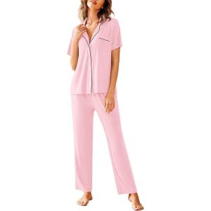 Avidlove Women Pajamas Set Notch Collar Soft Sleepwear Pjs Short Sleeve Button Down Nightwear with Long Pants(Pink)