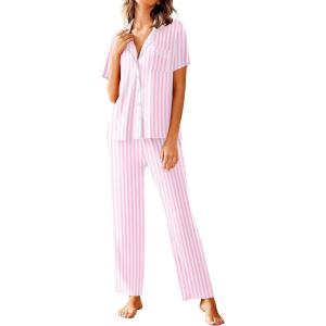 Avidlove Women Pajamas Set Notch Collar Soft Sleepwear Pjs Short Sleeve Button Down Nightwear with Long Pants(Pink Stripe)