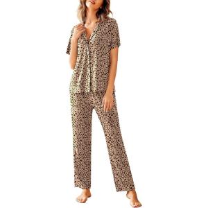 Avidlove Women Pajamas Set Notch Collar Soft Sleepwear Pjs Short Sleeve Button Down Nightwear with Long Pants(P-leapord)
