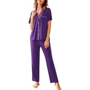 Avidlove Women Pajamas Set Notch Collar Soft Sleepwear Pjs Short Sleeve Button Down Nightwear with Long Pants(Purple)