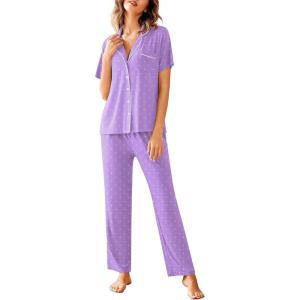 Avidlove Women Pajamas Set Notch Collar Soft Sleepwear Pjs Short Sleeve Button Down Nightwear with Long Pants(Purple With White Dots)