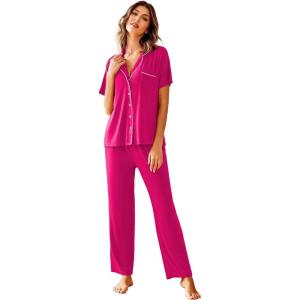 Avidlove Women Pajamas Set Notch Collar Soft Sleepwear Pjs Short Sleeve Button Down Nightwear with Long Pants(Rose Red)