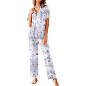 Avidlove Women Pajamas Set Notch Collar Soft Sleepwear Pjs Short Sleeve Button Down Nightwear with Long Pants(Teddy Bear -Blue Apricot Striped)