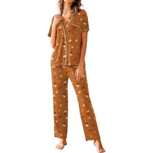 Avidlove Women Pajamas Set Notch Collar Soft Sleepwear Pjs Short Sleeve Button Down Nightwear with Long Pants(Teddy Bear Dessert-brown)