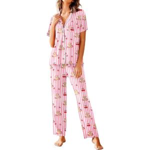 Avidlove Women Pajamas Set Notch Collar Soft Sleepwear Pjs Short Sleeve Button Down Nightwear with Long Pants(Teddy Bear -Pink Apricot Striped)