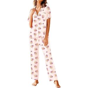 Avidlove Women Pajamas Set Notch Collar Soft Sleepwear Pjs Short Sleeve Button Down Nightwear with Long Pants(Teddy Bear -Pink Heart)
