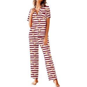 Avidlove Women Pajamas Set Notch Collar Soft Sleepwear Pjs Short Sleeve Button Down Nightwear with Long Pants(Teddy Bear -Red Apricot Striped)