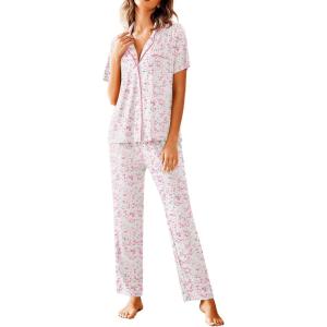 Avidlove Women Pajamas Set Notch Collar Soft Sleepwear Pjs Short Sleeve Button Down Nightwear with Long Pants(White With Pink & Green Floral Print)