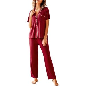 Avidlove Women Pajamas Set Notch Collar Soft Sleepwear Pjs Short Sleeve Button Down Nightwear with Long Pants(Wine Red)
