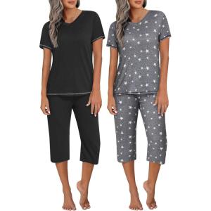 Ekouaer 2 Pack Women’s Capri Pajama Sets Short Sleeve Two-Piece Pjs V Neck Tops & Pants Printed Lounge Sets S-3XL(Gp1)