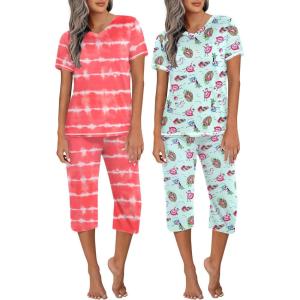 Ekouaer 2 Pack Women’s Capri Pajama Sets Short Sleeve Two-Piece Pjs V Neck Tops & Pants Printed Lounge Sets S-3XL(Gp14)