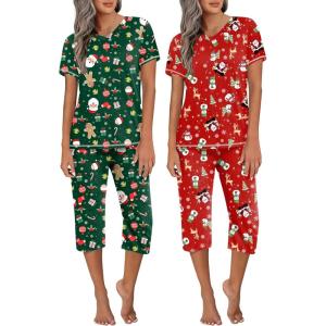 Ekouaer 2 Pack Women’s Capri Pajama Sets Short Sleeve Two-Piece Pjs V Neck Tops & Pants Printed Lounge Sets S-3XL(Gp19)