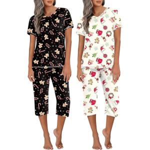 Ekouaer 2 Pack Women’s Capri Pajama Sets Short Sleeve Two-Piece Pjs V Neck Tops & Pants Printed Lounge Sets S-3XL(Gp20)
