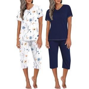Ekouaer 2 Pack Women’s Capri Pajama Sets Short Sleeve Two-Piece Pjs V Neck Tops & Pants Printed Lounge Sets S-3XL(Gp22)