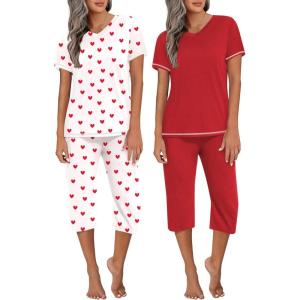 Ekouaer 2 Pack Women’s Capri Pajama Sets Short Sleeve Two-Piece Pjs V Neck Tops & Pants Printed Lounge Sets S-3XL(Gp23)