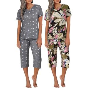 Ekouaer 2 Pack Women’s Capri Pajama Sets Short Sleeve Two-Piece Pjs V Neck Tops & Pants Printed Lounge Sets S-3XL(Gp3)