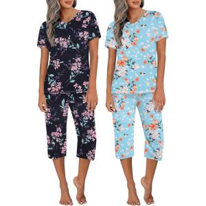 Ekouaer 2 Pack Women’s Capri Pajama Sets Short Sleeve Two-Piece Pjs V Neck Tops & Pants Printed Lounge Sets S-3XL(Gp8)