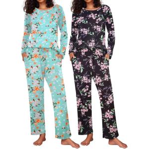 Ekouaer 2 Pack Womens Pajama Sets Long Sleeve Pjs Lounge Set Soft Comfy Sleepwear Winter Loungewear(Green Flower/Black Flower)