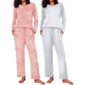 Ekouaer 2 Pack Womens Pajama Sets Long Sleeve Pjs Lounge Set Soft Comfy Sleepwear Winter Loungewear(Leopard/Daisies)